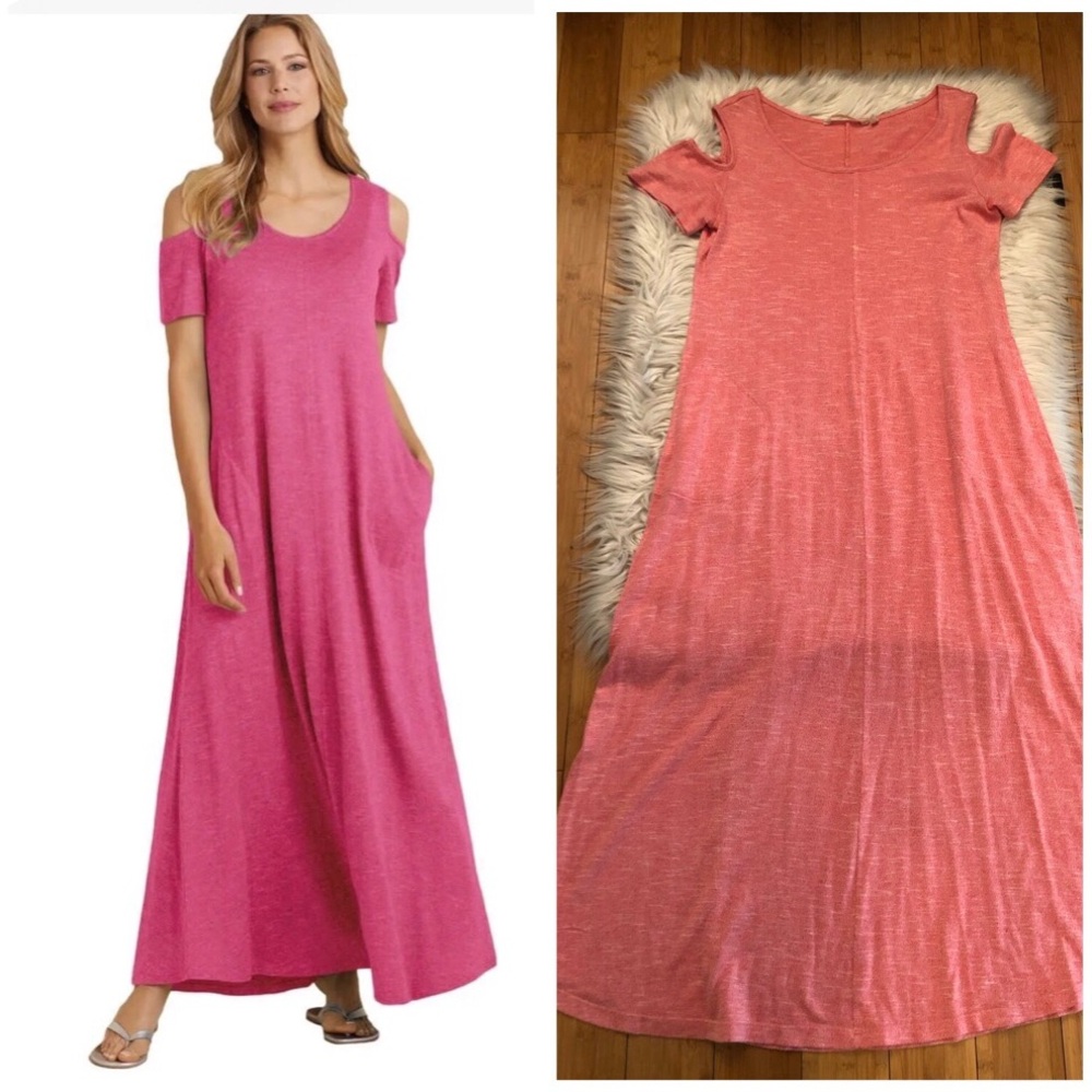 Soft Surroundings Electra Cold Shoulder Maxi Dress Knit Pockets Peach size S